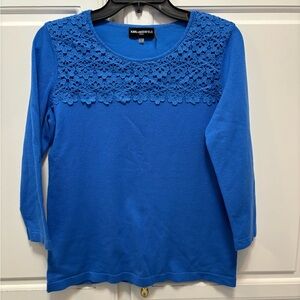 Karl Lagerfeld Lace Bodice 3/4 Sleeve Blue Sweater Blouse Top Women’s Size S